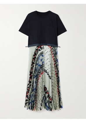 Sacai - Pleated Satin-trimmed Cotton-jersey Midi Dress - Black - 1,2,3,4