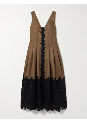 Kika Vargas - Rosa Guipure Lace-trimmed Pleated Wool-twill Midi Dress - Brown - x small,small,medium,large