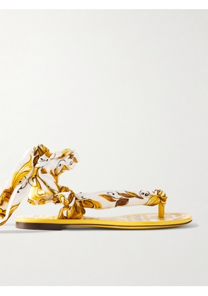 Dolce & Gabbana - Maiolica Capri Scarf Leather-trimmed Printed Twill Sandals - Yellow - IT35,IT36,IT37,IT37.5,IT38,IT38.5,IT39,IT39.5,IT40,IT41