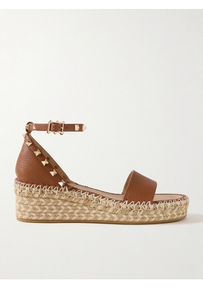 Valentino Garavani - Rockstud 55 Textured-leather Espadrille Wedge Sandals - Brown - IT35,IT36,IT37,IT37.5,IT38,IT38.5,IT39,IT39.5,IT40,IT40.5,IT41,IT42