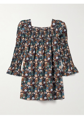DÔEN - Sabia Shirred Floral-print Organic Cotton-poplin Mini Dress - Blue - x small,small,medium,large,x large