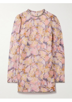 Zimmermann - Illustration Crystal-embellished Floral-print Linen And Silk-blend Organza Mini Dress - Pink - 00,1,2,3,4