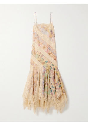Zimmermann - Eden Asymmetric Pleated Cotton-blend Lace And Printed Linen And Silk-blend Dress - Cream - 01,2,4