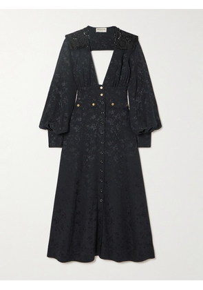 MAISON MAYLE - Nerina Gathered Guipure Lace-trimmed Silk-jacquard Midi Dress - Black - US0,US2,US4,US6,US8