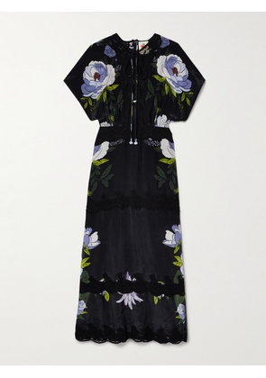 Farm Rio - Lace-trimmed Floral-print Crepe De Chine Maxi Dress - Black - xx small,x small,small,medium,large,x large