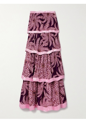 Farm Rio - Strapless Tiered Metallic Voile-trimmed Printed Crepe De Chine Maxi Dress - Burgundy - xx small,x small,small,medium,large,x large