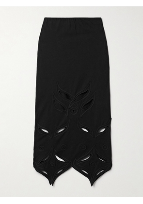 Conner Ives - Schiffli Cutout Appliquéd Embroidered Cotton-jersey Midi Skirt - Black - x small,small,medium,large