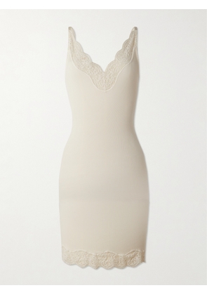 SAINT LAURENT - Lace-trimmed Ribbed Silk-jersey Mini Dress - Neutrals - XS,S,M,L