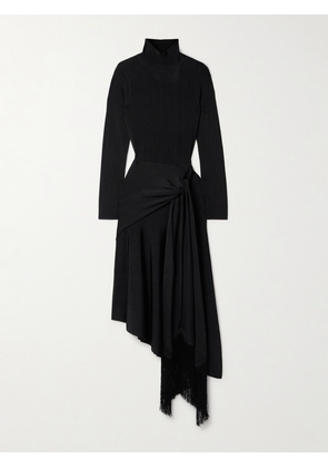 Adam Lippes - Asymmetric Draped Fringed Stretch-knit Turtleneck Midi Dress - Black - x small,small,medium,large,x large