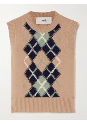 AMI PARIS - Argyle Jacquard-knit Wool And Cashmere-blend Sweater - Neutrals - xx small,x small,small,medium,large