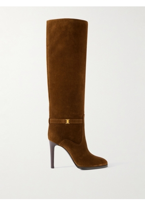 SAINT LAURENT - Diane Logo-embellished Suede Knee Boots - Brown - EU 35,EU 36,EU 36.5,EU 37,EU 37.5,EU 38,EU 38.5,EU 39,EU 39.5,EU 40,EU 41