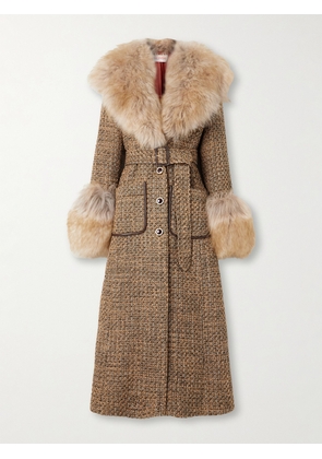 Valentino Garavani - Faux Fur-trimmed Belted Wool-blend Tweed Coat - Brown - IT36,IT38,IT40,IT42,IT44,IT46,IT48