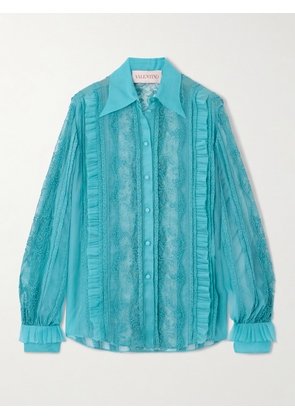 Valentino Garavani - Pleated Ruffled Bead-embellished Lace-trimmed Silk-organza Shirt - Blue - IT36,IT38,IT40,IT42,IT44,IT48