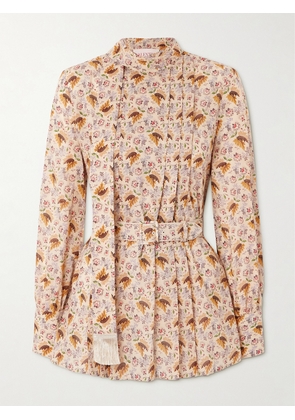 Valentino Garavani - Tie-neck Belted Pleated Floral-print Cotton-muslin Blouse - Neutrals - IT36,IT38,IT40,IT42,IT44,IT46,IT48,IT50