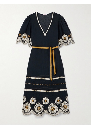 Eres - Hortense Belted Scalloped Embroidered Linen Midi Dress - Blue - small,medium,large