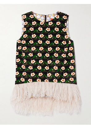 La DoubleJ - La Scala Asymmetric Feather-trimmed Floral-print Cotton-velvet Top - Green - xx small,x small,small,medium,large,x large,xx large