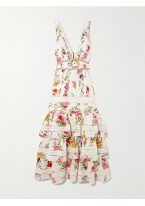 Camilla - Embellished Ruffled Lace-trimmed Floral-print Cotton And Silk-blend Midi Dress - Off-white - xx small,x small,small,medium,large