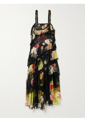 Camilla - Asymmetric Crystal-embellished Lace-trimmed Floral-print Silk-crepon Midi Dress - Black - x small,small,medium,large,x large