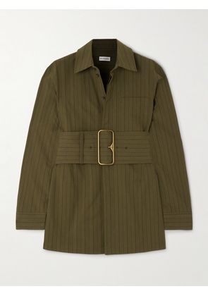 Burberry - Belted Pinstriped Cotton-poplin Shirt - Green - UK 4,UK 10,UK 14