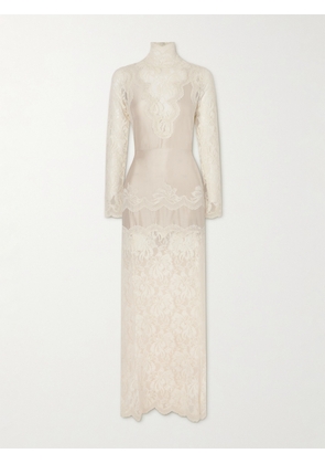 RABANNE - Lace-trimmed Silk-satin Maxi Dress - Ivory - FR 34,FR 36,FR 38,FR 40,FR 42,FR 44