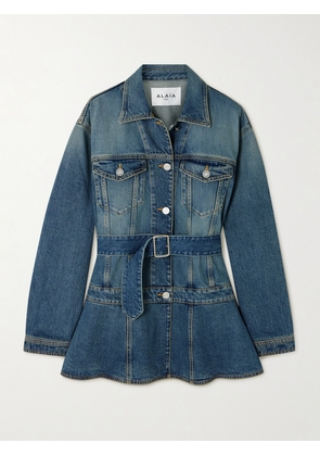 Alaïa - Belted Denim Peplum Jacket - Blue - FR 34,FR 36,FR 38,FR 40,FR 42,FR 44,FR 46