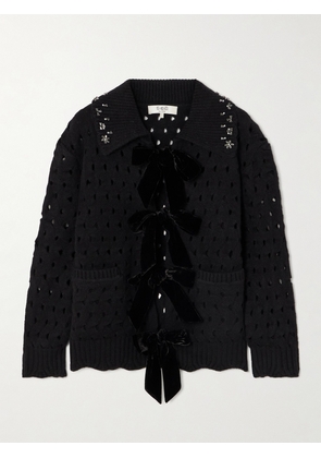 Sea - Leia Embellished Velvet-trimmed Open-knit Wool Cardigan - Black - xx small,x small,small,medium,large