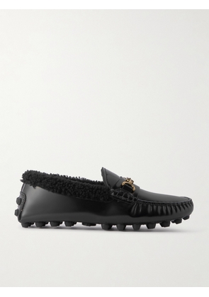 Tod's - Gommino Macro Embellished Shearling-trimmed Leather Loafers - Black - IT36,IT36.5,IT37,IT37.5,IT38,IT38.5,IT39,IT39.5,IT40,IT40.5,IT41,IT41.5,IT42