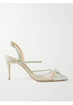 Jennifer Chamandi - Vittorio 85 Mesh And Leather-trimmed Elaphe Slingback Pumps - Green - IT36,IT36.5,IT37,IT37.5,IT38,IT38.5,IT39,IT39.5,IT40,IT40.5,IT41,IT41.5,IT42