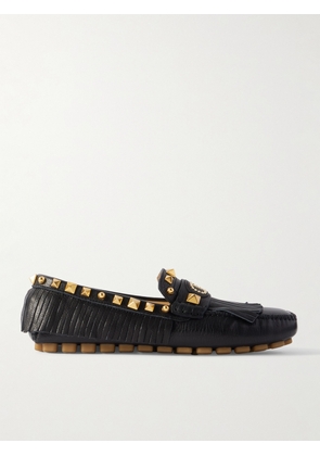 Valentino Garavani - Plaster Caster Driver Fringed Studded Textured-leather Loafers - Black - IT35,IT36,IT36.5,IT37,IT37.5,IT38,IT38.5,IT39,IT39.5,IT40,IT40.5,IT41,IT41.5,IT42