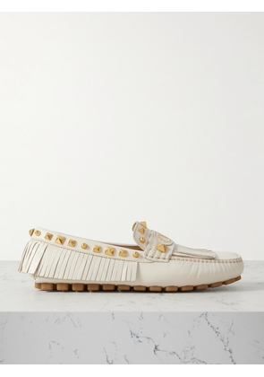 Valentino Garavani - Plaster Caster Driver Fringed Studded Textured-leather Loafers - Ivory - IT35,IT36,IT36.5,IT37,IT37.5,IT38,IT38.5,IT39,IT39.5,IT40,IT40.5,IT41,IT41.5,IT42