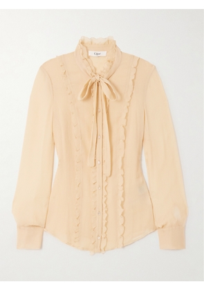 Chloé - Tie-neck Ruffled Silk-crepon Shirt - Cream - FR 34,FR 36,FR 38,FR 40,FR 42,FR 44,FR 46