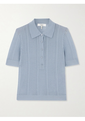 Chloé - Ribbed Open-knit Wool Polo Shirt - Blue - x small,small,medium,large,x large