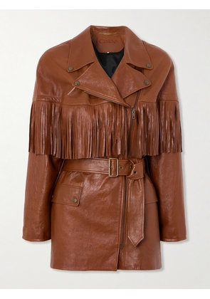 Chloé - Belted Fringed Leather Jacket - Brown - FR 34,FR 36,FR 38,FR 40,FR 42,FR 44