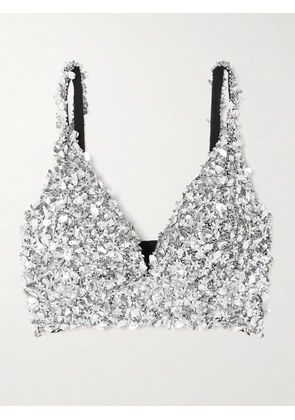 Clio Peppiatt - Midas Cropped Embellished Stretch-tulle Top - Silver - 2XS/XS,S/M,L/2XL