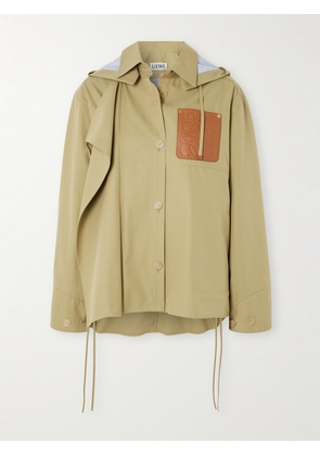 LOEWE - Anagram Hooded Cutout Leather And Poplin-trimmed Cotton-gabardine Jacket - Brown - FR 32,FR 34,FR 36,FR 38,FR 40,FR 42,FR 44