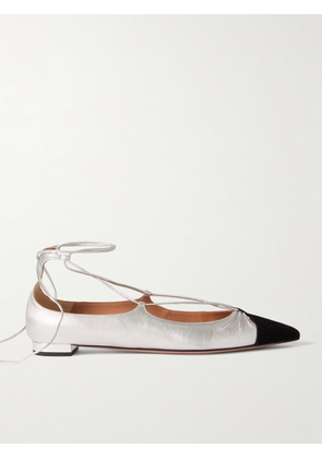 Aquazzura - Gabi Lace-up Metallic Leather Point-toe Flats - Silver - IT34,IT36,IT36.5,IT37,IT37.5,IT38,IT38.5,IT39,IT39.5,IT40,IT40.5,IT41,IT41.5,IT42