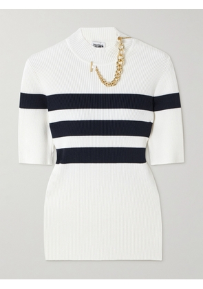 Jean Paul Gaultier - Embellished Striped Ribbed-knit Turtleneck Sweater - White - xx small,x small,small,medium,large,x large