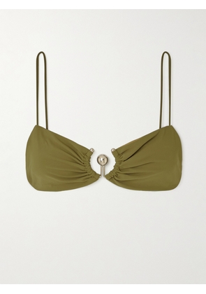 Christopher Esber - Orbit Embellished Ruched Bikini Top - Green - UK 4,UK 6,UK 8,UK 10,UK 12,UK 14