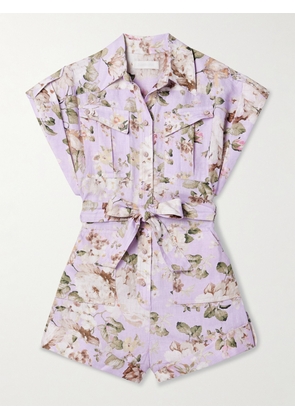 Zimmermann - Acacia Belted Floral-print Linen Playsuit - Purple - 00,1,2,3,4