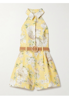 Zimmermann - Acacia Belted Floral-print Linen Halterneck Playsuit - Yellow - 00,1,2,3,4