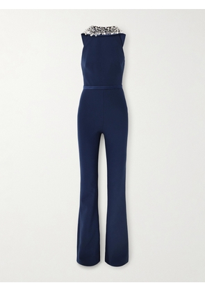 SAFIYAA - Luna Embellished Duchesse Satin-trimmed Crepe Jumpsuit - Blue - FR 34,FR 36,FR 38,FR 40,FR 42