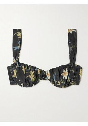 Faithfull - Emily Floral-print Gathered Recycled Bikini Top - Black - x small,small,medium,large,x large,xx large