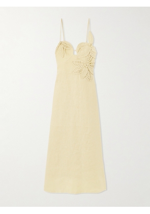 Farm Rio - Appliquéd Linen Midi Dress - Yellow - xx small,x small,small,medium,large,x large