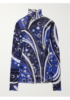 PUCCI - Printed Tulle Turtleneck Top - Blue - IT38,IT40,IT42,IT44,IT46,IT48