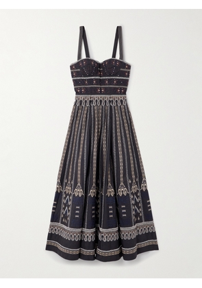 Emporio Sirenuse - Elida Calliope Pleated Embroidered Cotton-blend Poplin Midi Dress - Blue - IT38,IT40,IT42,IT44,IT46,IT48,IT50