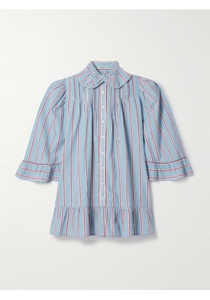 BODE - Ruffled Embroidered Striped Cotton-voile Mini Shirt Dress - Blue - x small,small,medium,large,x large