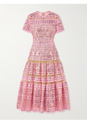 Elie Saab - Tiered Embroidered Sequined Tulle Midi Dress - Pink - FR 34,FR 36,FR 38,FR 40,FR 42,FR 44,FR 46