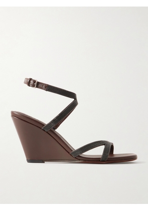 Brunello Cucinelli - Bead-embellished Leather Wedge Sandals - Brown - IT36,IT37,IT37.5,IT38,IT38.5,IT39,IT39.5,IT40,IT40.5,IT41