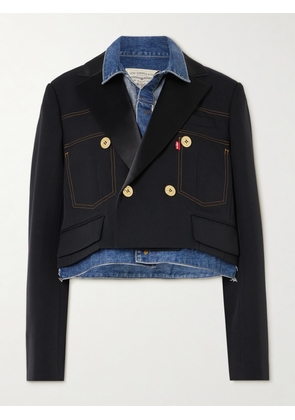 Sacai - + Levi's Double-breasted Cropped Layered Satin And Denim Jacket - Black - 1,2,3,4