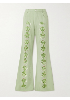 ALIX OF BOHEMIA - Charlie Embroidered Slubbed Silk Flared Pants - Green - US0,US2,US4,US6,US8,US10,US12